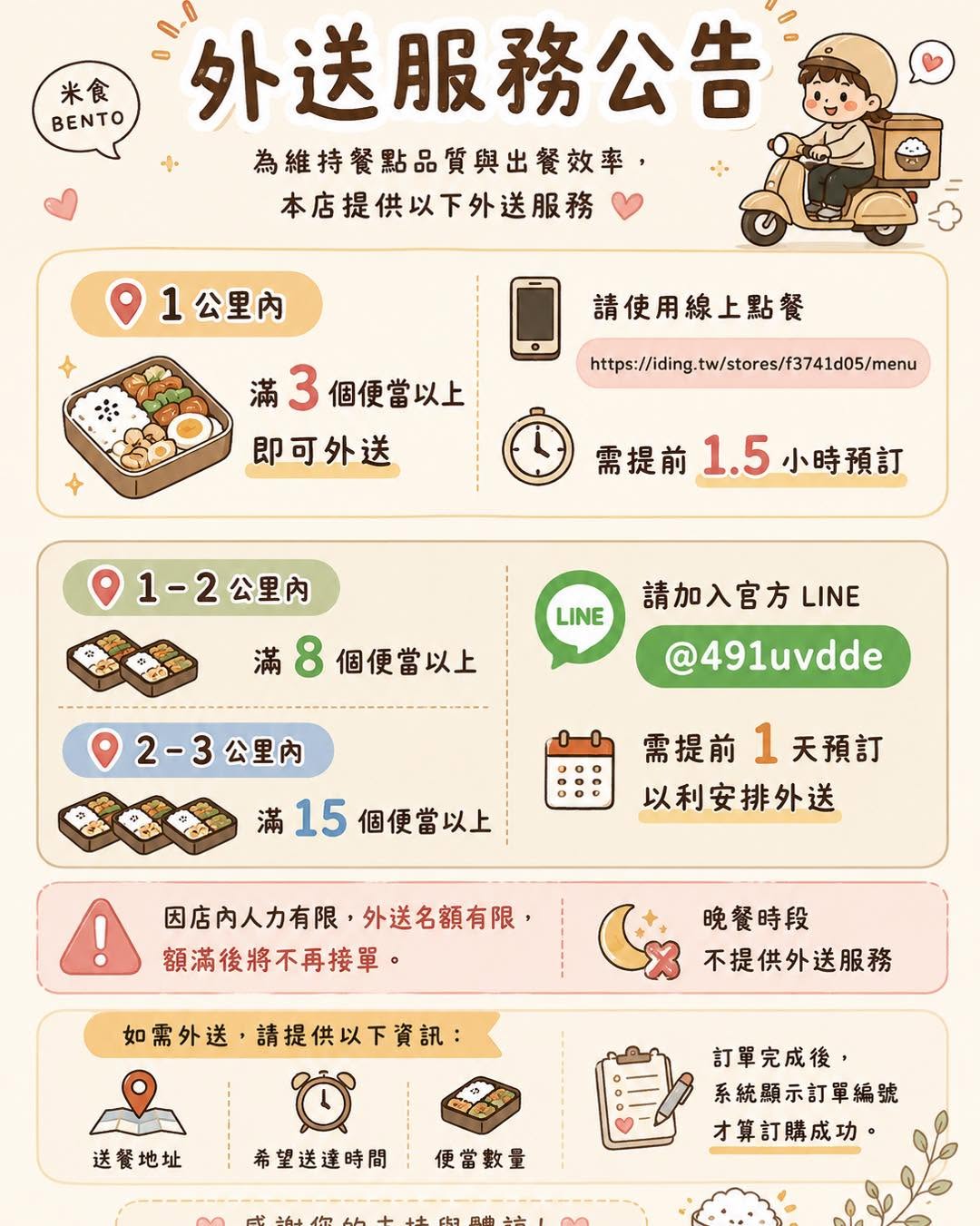 【桃園美食】米食bento|隱身同安黃昏市場的超人氣神級便當!現點現做11款手作美味,藝文特區外帶便當推薦(附線上點餐、外送資訊) - 第6張圖 手機線上點餐與外送服務示意圖,搭配外送範圍與時間說明,呈現方便快速的訂餐方式